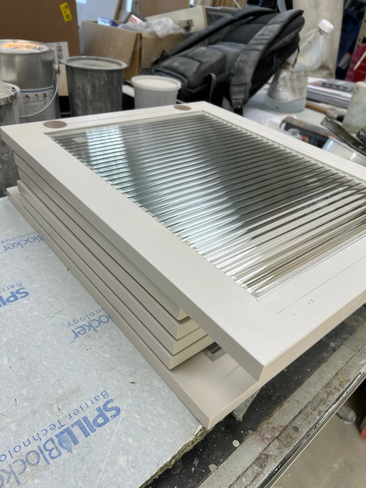 Heritage Mountain kitchen — in the shop, reeded glass doors