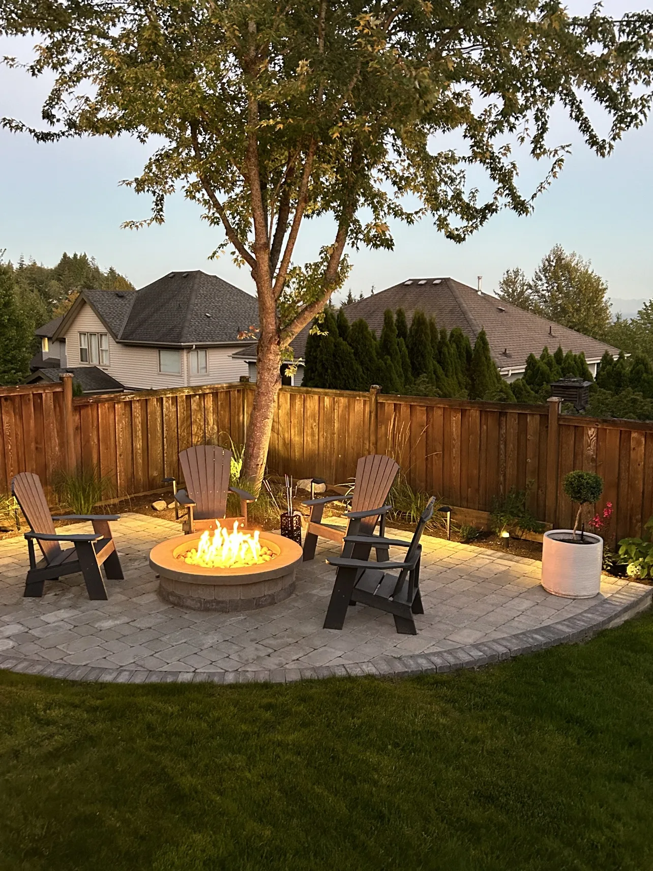 Fire pit finished at dusk, second angle