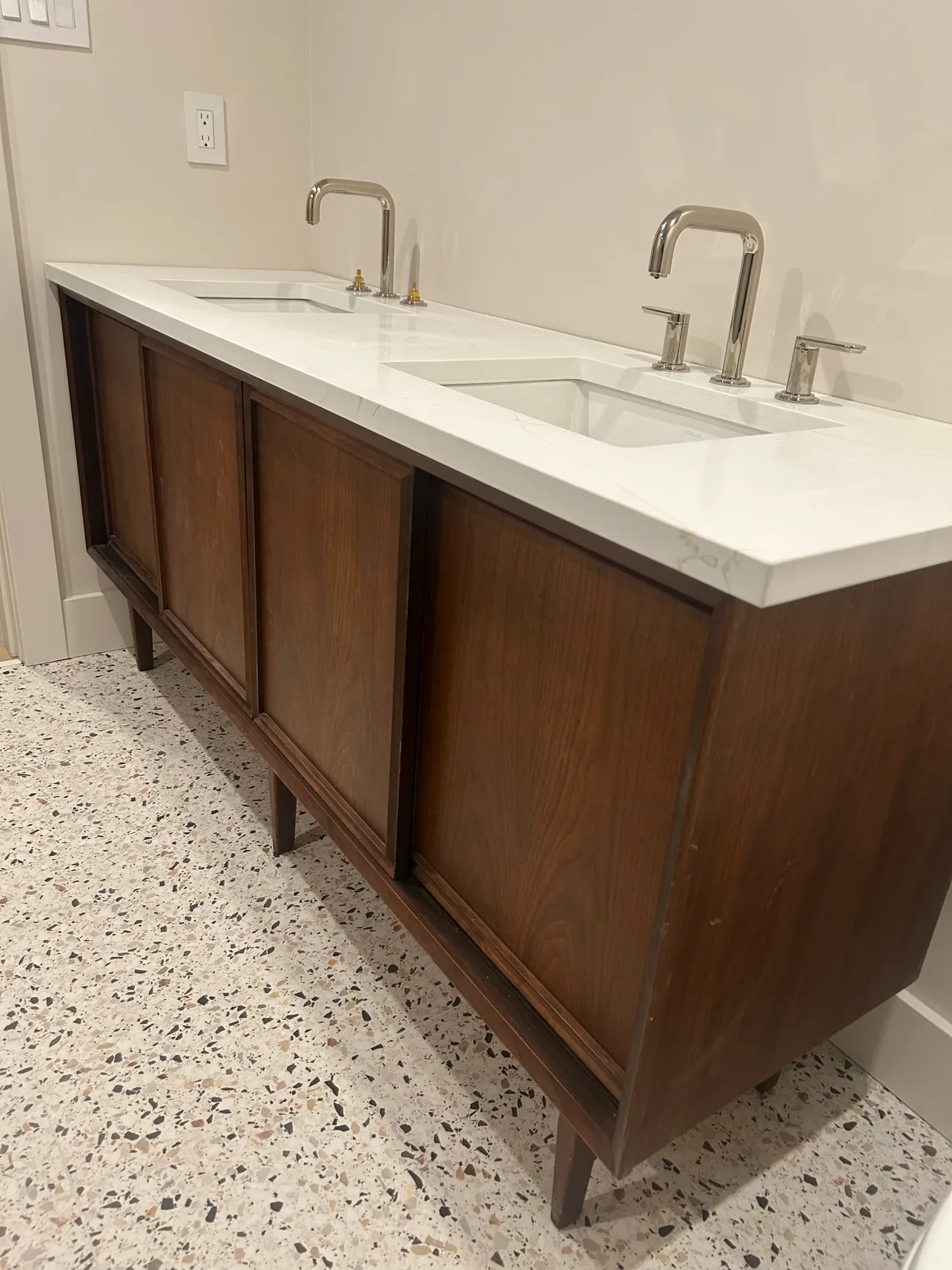 Bathroom after: walnut double vanity with quartz counter