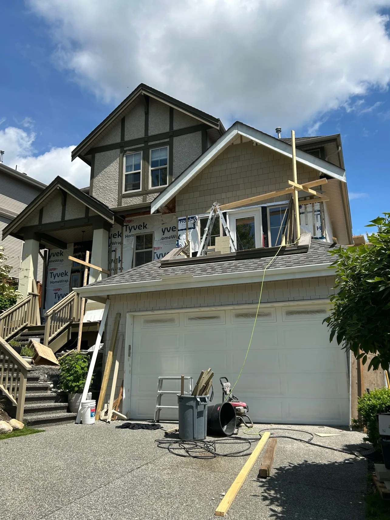 House during re-side, wrapped in Tyvek