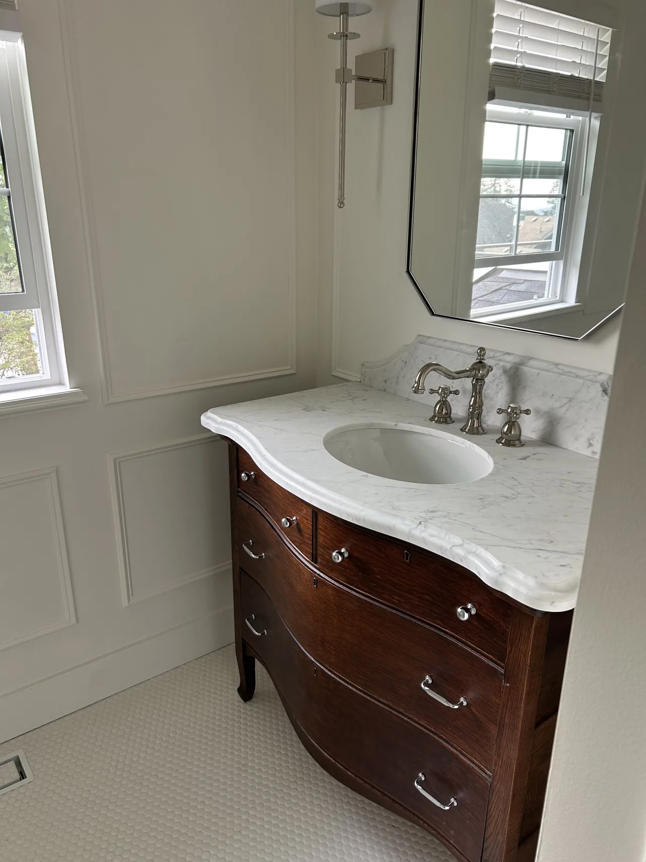 Powder room finished: vanity side angle