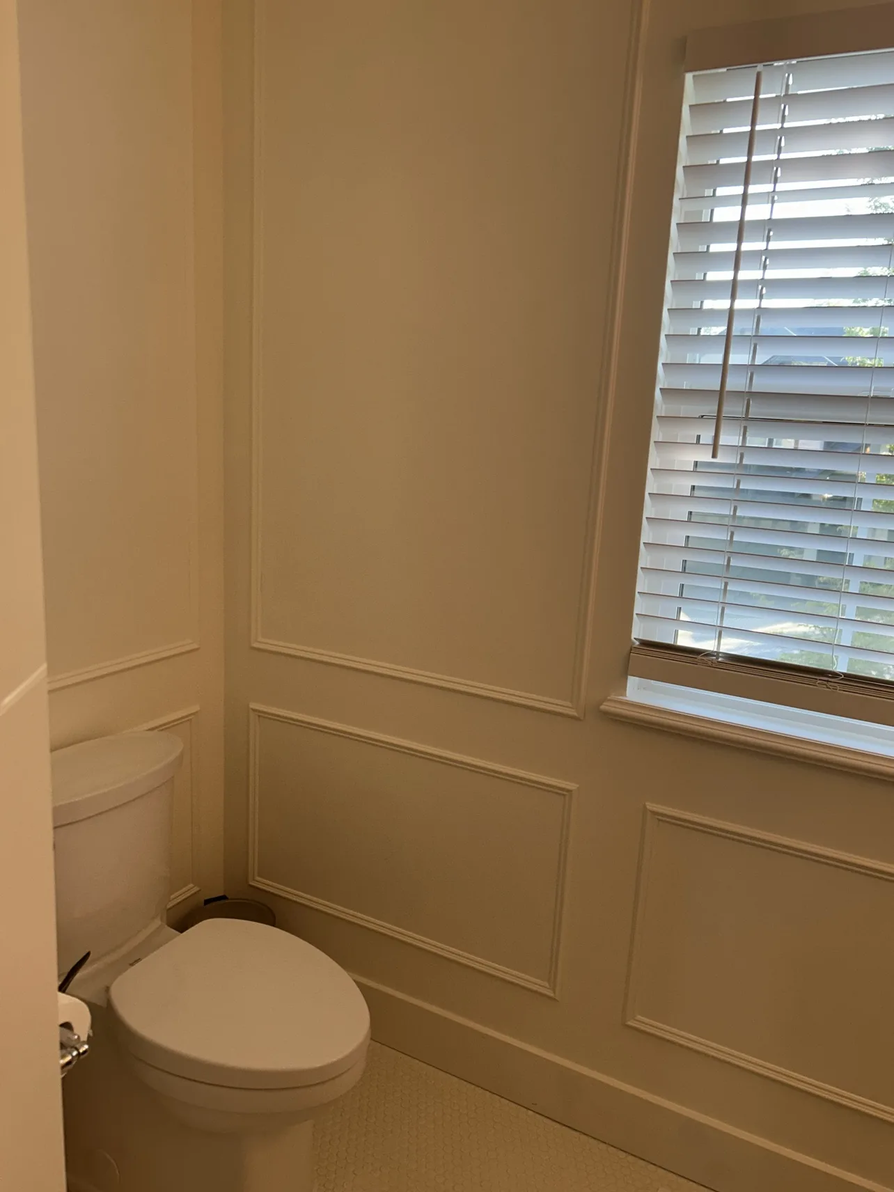 Powder room finished: panelled toilet wall